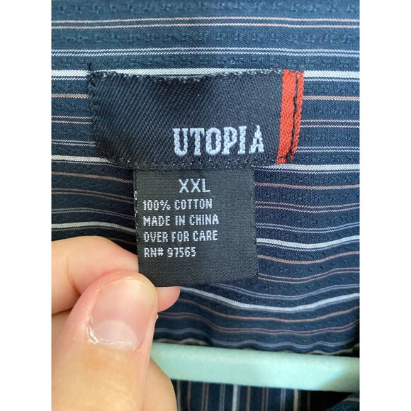 Men’s Utopia Black Gray Striped Button-Down Long-Sleeve Shirt XXL Cotton Collar - Picture 3 of 6